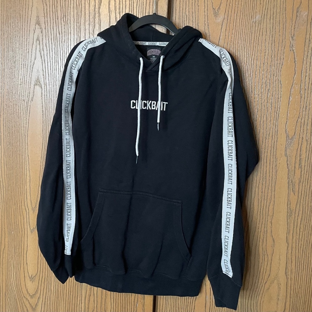 FANJOY CLICKBAIT DAVID DOBRIK HOODIE BLACK SIZE M WHITE LOGO STRIPED SLEEVES